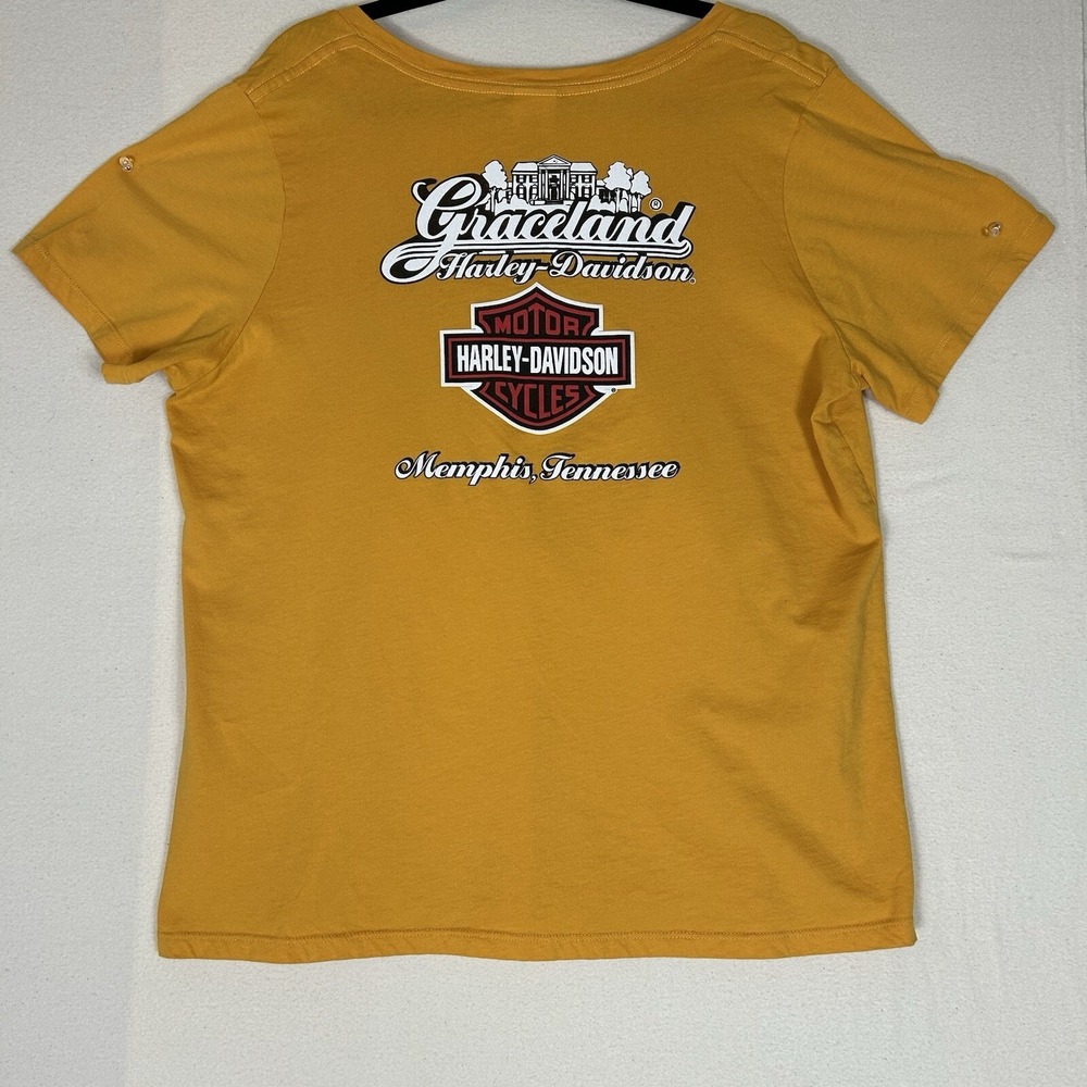 Harley Davidson Shirt Women's 1X Mustard Yellow Graceland Memphis TN Gently Used - Picture 2 of 4